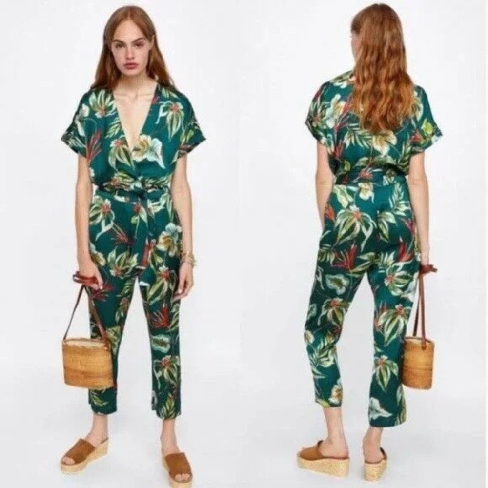 Zara Tropical Floral Teal Green Surplice V-Neck Open Back Satin Jumpsuit…